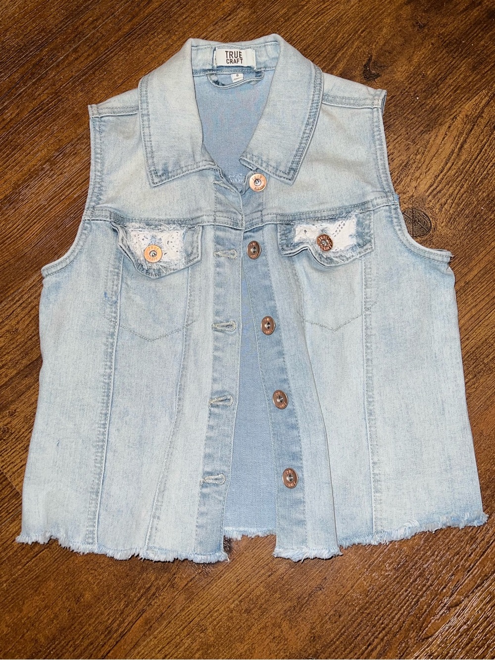 True Craft Juniors Light Blue Wash Denim Button-Up Vest Size 8